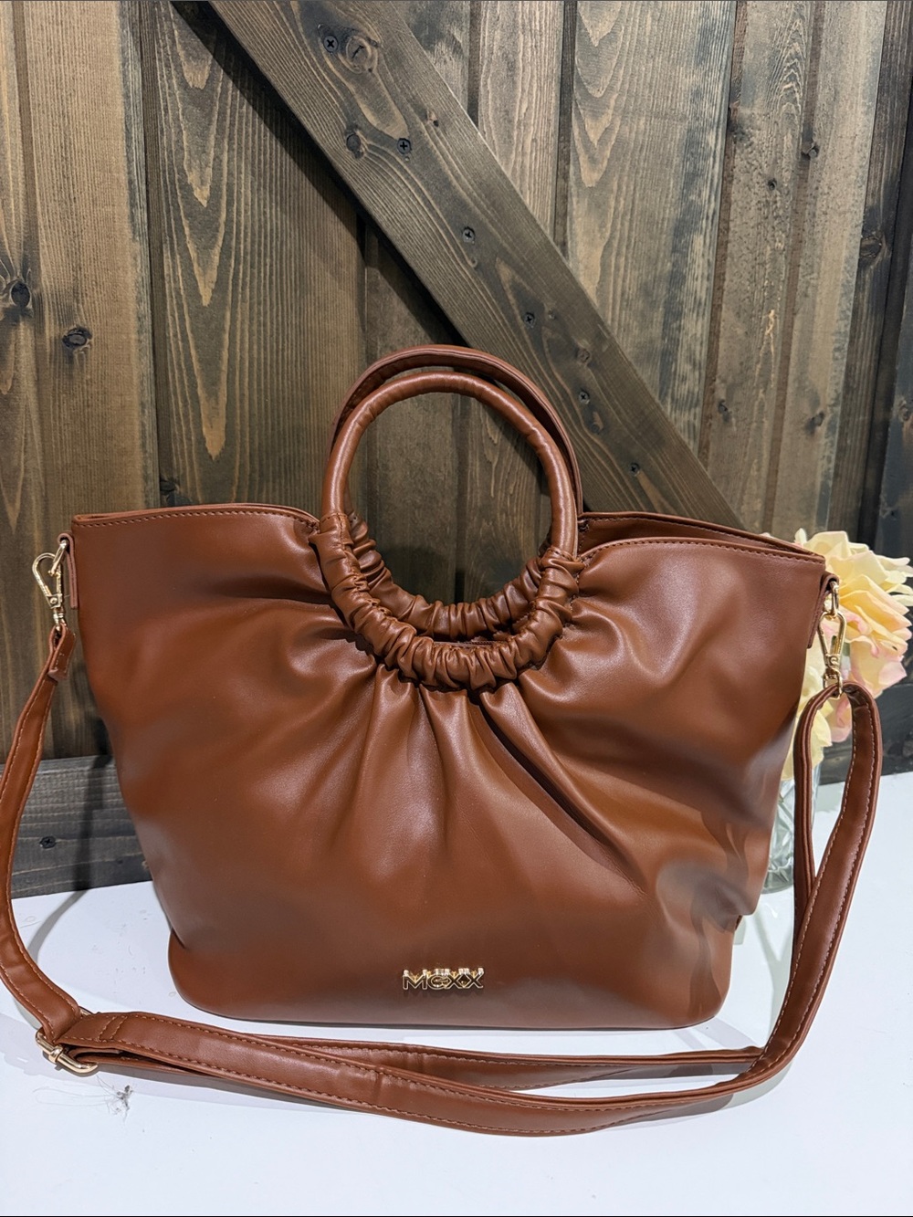 Mexx Chestnut Brown Ruched Handle Shoulder Bag
